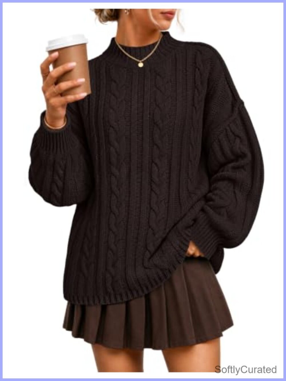 Women's Oversized Mock Neck Cable Knit Sweater Pullover